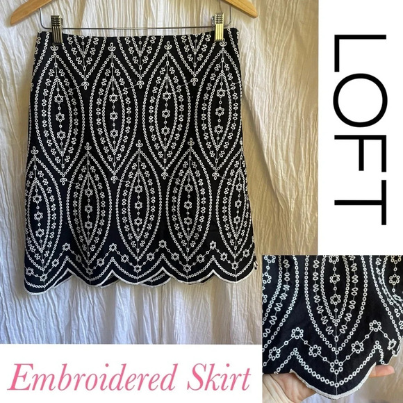LOFT Black White Embroidered Scalloped Shift Mini Skirt, 0, Like NEW - Picture 2 of 7